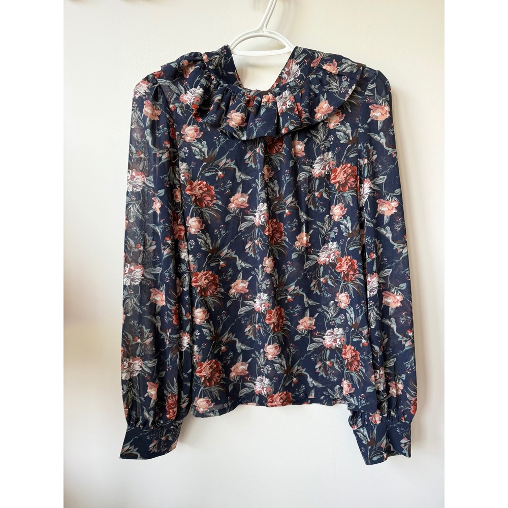 On Twelfth Navy Floral Ruffle Neck Blouse Long Sleeve Sheer Top Large 1411
